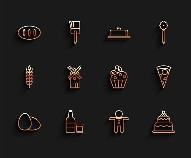 集线鸡蛋，玻璃瓶牛奶和玻璃，面包面包，节日姜饼人饼干，蛋糕，风车，披萨和纸杯蛋糕图标。向量图片下载