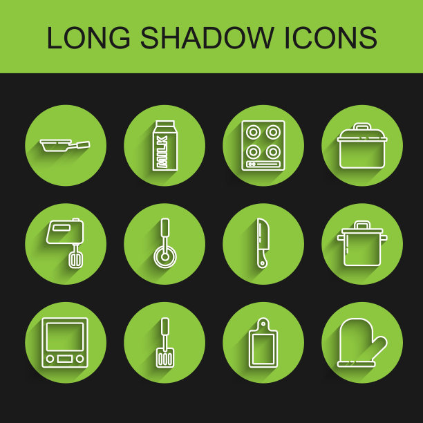 设置线电子秤，锅铲，煎锅，砧板，烤箱手套，披萨刀，烹饪锅和刀图标。向量图片下载