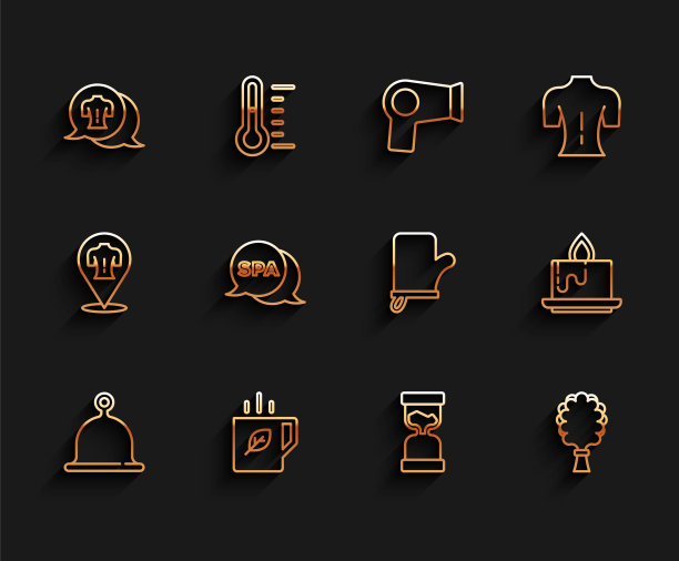 设置线桑拿帽，一杯茶和叶子，按摩，旧沙漏，扫帚，水疗沙龙，香薰蜡烛和手套图标。向量图片下载