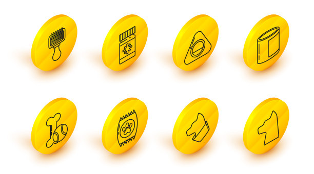 集线猫，食品袋宠物，宠物玩具骨头橡胶和球，罐头，床，狗药瓶药丸和毛刷狗猫图标。向量图片下载