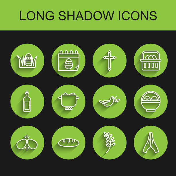 设置线复活节彩蛋，面包面包，柳叶，双手在祈祷的位置，鸡蛋火锅，篮子与复活节和和平鸽橄榄枝图标。向量图片下载