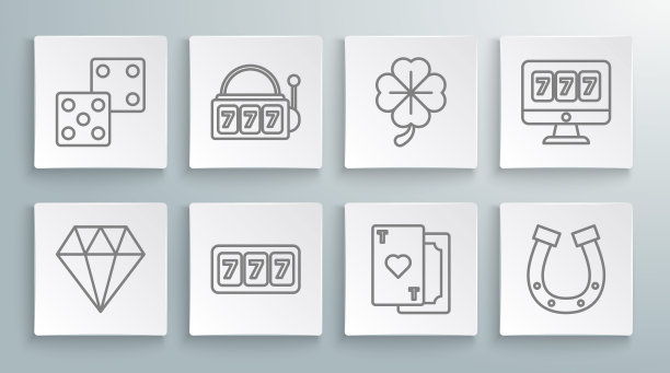 集行钻石，老虎机与幸运七头奖，纸牌心，马蹄铁，四叶草，在线插槽和游戏骰子图标。向量图片下载