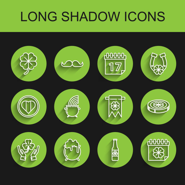 设定线人类手拿四叶草，女巫大锅，四，啤酒瓶与，圣帕特里克日日历，彩虹，金币和旗子图标。向量图片下载