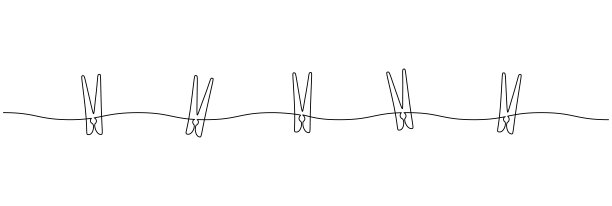 一个连续线条的木制晾衣夹。衣服线与别针和钉为相册和洗衣网页设计概念在简单的线性风格。可编辑的中风。涂鸦向量图片下载