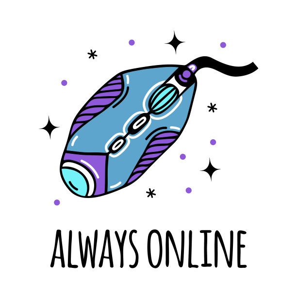 电脑鼠标矢量图标。游戏，互联网，办公设备。带导线的激光或光学器件。简单的涂鸦，线条艺术。总是在线。平面卡通剪贴画的应用程序，标志，网络。隔离在白色上图片下载