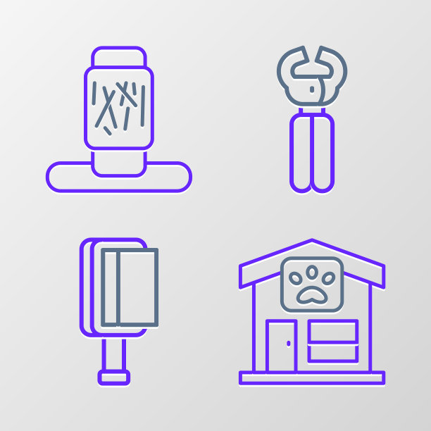 集线宠物美容，毛发刷狗和猫，指甲钳和猫抓挠后图标。向量图片下载