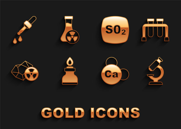 设置酒精或烈酒燃烧器，试管，显微镜，矿物钙钙，放射性，二氧化硫SO2，移液管和有毒液体图标。向量图片下载