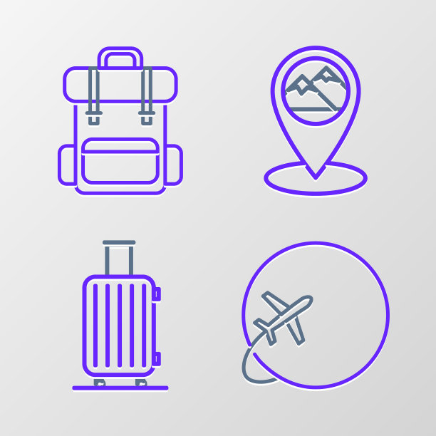集线地球与飞行飞机，手提箱旅行，地图指针山和徒步旅行背包图标。向量图片下载