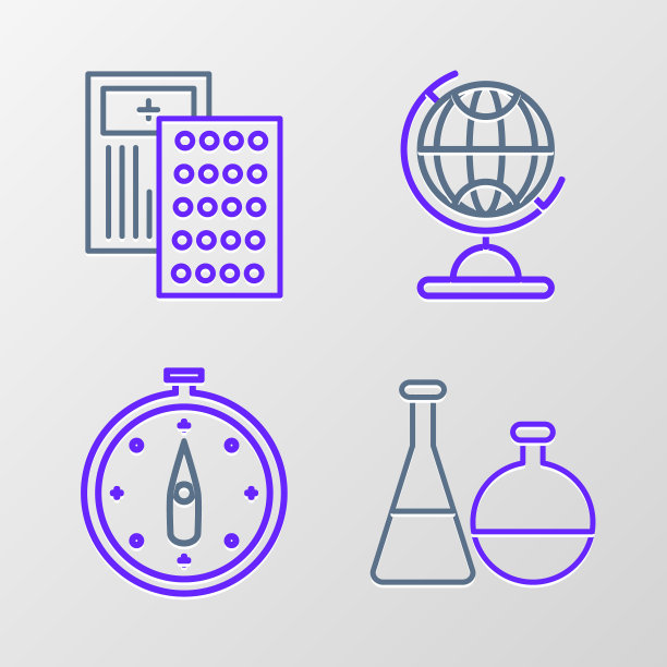 设置线试管和烧瓶化学实验室，指南针，地球地球仪和药丸在泡罩包装图标。向量图片下载