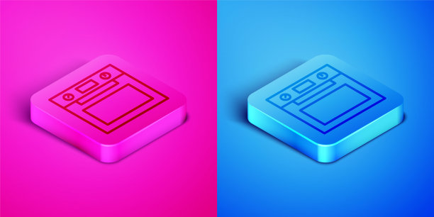 等距线烤箱图标孤立在粉红色和蓝色背景。炉子煤气烤箱标志。方形按钮。向量图片下载