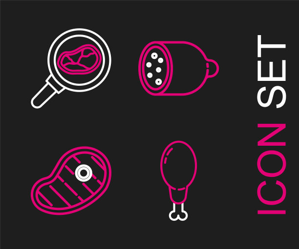 集行鸡腿，牛排肉，腊肠和在煎锅图标。向量图片下载