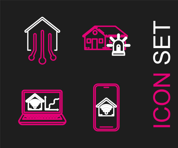 设置线手机与wi-fi智能家居，笔记本电脑，智能家居和报警和图标。向量图片下载