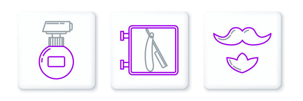 设置线胡子和胡子，膏或乳液化妆品管和理发店与剃刀图标。向量图片下载