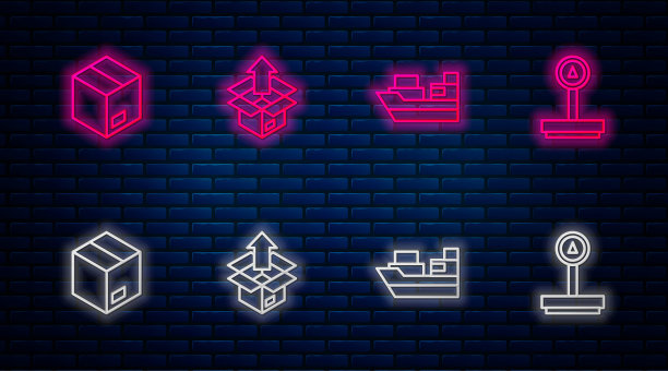 套线开箱，货轮带箱发货，纸箱纸板秤。砖墙上发光的霓虹灯图标。向量图片下载