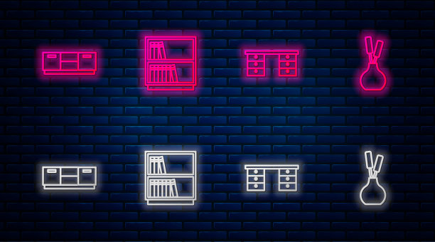 设置线图书馆书架，办公桌，家具床头柜和花瓶。砖墙上发光的霓虹灯图标。向量图片下载