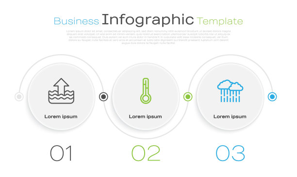 设置线水位上升，气象温度计和云与雨。业务信息图模板。向量图片下载