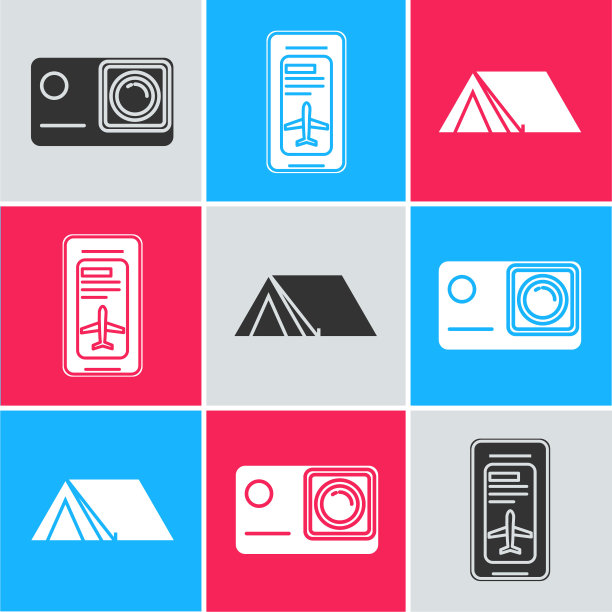 设置动作极限相机，智能手机与电子登机牌机票和旅游帐篷图标。向量图片下载