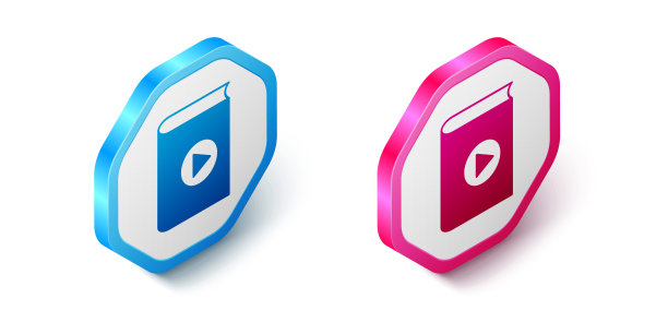 等距音频书图标孤立在白色背景上。播放按钮和书。语音引导标志。在线学习的概念。六角按钮。向量图片下载