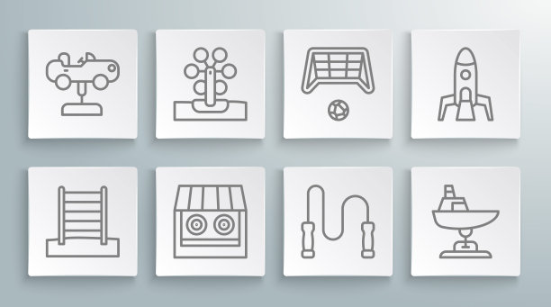 设置线瑞典墙，摩天轮，射击馆，跳绳，秋千船，足球球，火箭船和汽车图标。向量图片下载