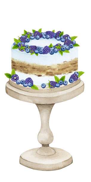 蛋糕放在用黑莓、蓝莓和薄荷装饰的架子上。水彩节日剪纸设计的明信片，贺卡，邀请，菜单，标志，织物印花。婚礼、生日、周年纪念设计。图片下载