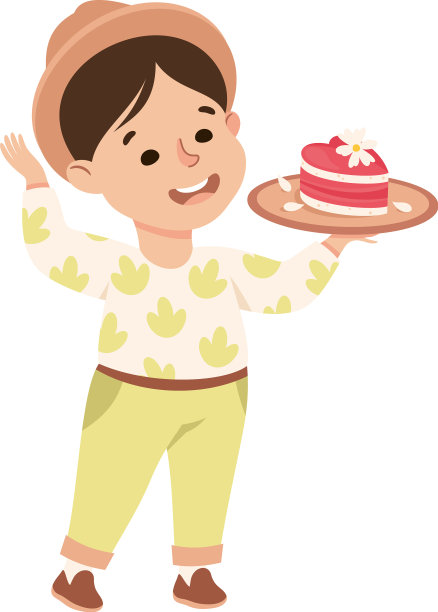小男孩开心地吃着盘子里的甜蛋糕图片下载