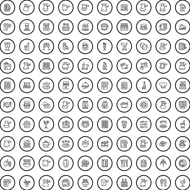 100个咖啡馆图标设定轮廓风格图片下载