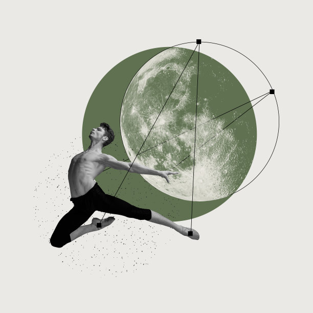 艺术，英俊的年轻人，芭蕾舞演员在表演。抽象的设计元素与线条艺术。当代艺术拼贴。图片下载