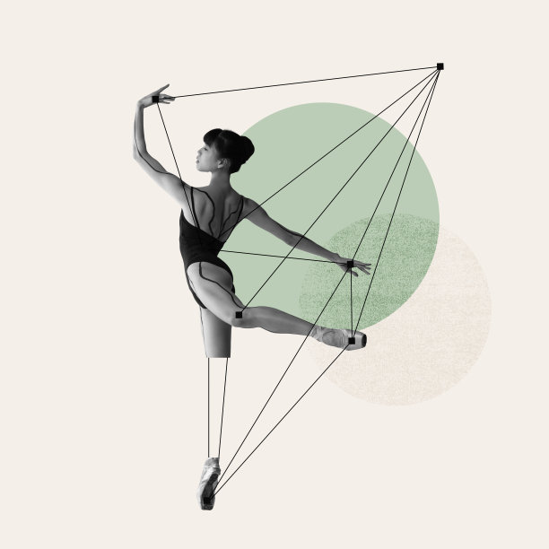 专业舞者，芭蕾舞演员在粉彩背景与抽象线条设计元素上进行创意表演。当代艺术拼贴。图片下载