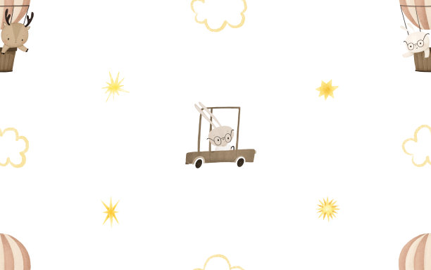 幼稚的无缝模式与交通工具，热气球和汽车与森林动物，兔子，柏尔。可爱幼稚的插图图片下载