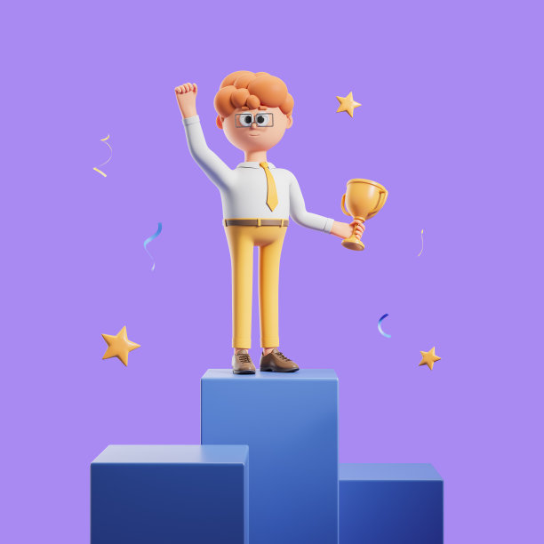 3 d渲染。卡通人拿冠军杯，胜利又赢图片下载