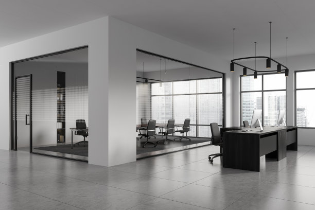 现代化的办公室内部设有联合办公和会议区，全景窗户图片下载