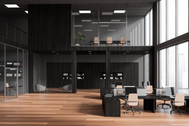 黑色的工作场所内部设有联合办公和会议区，全景窗户图片下载