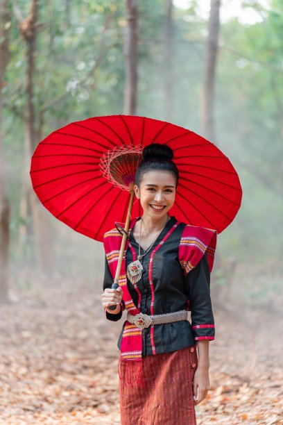 年轻美丽的亚洲女子在传统的泰国东北部是一个服装站在一头巨大的大象前面图片下载