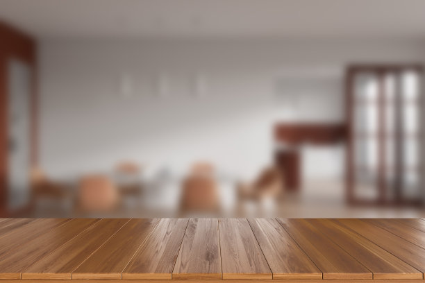 木制模型空桌子在家庭厨房内部模糊的背景图片下载