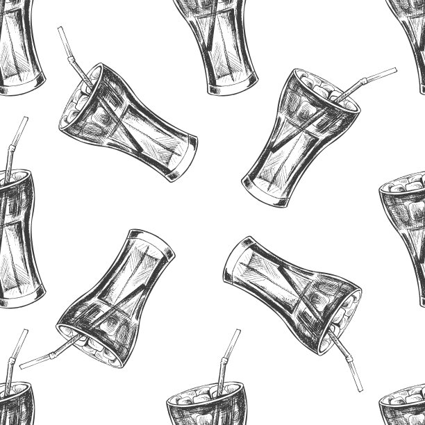 矢量复古快餐无缝模式。手绘单色垃圾食品可乐杯加冰插图。很棒的菜单，海报或餐厅背景。图片下载