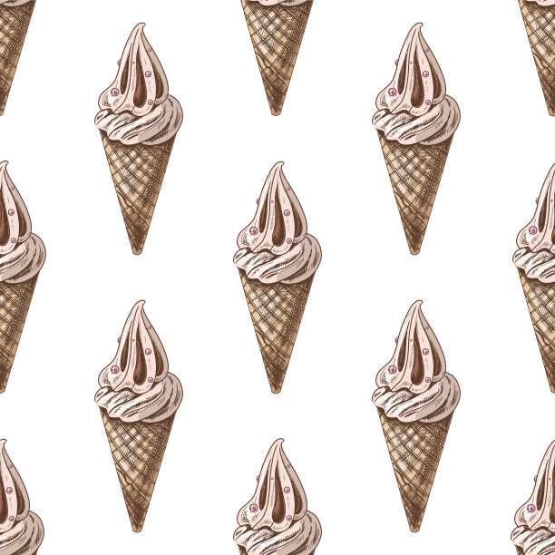 矢量复古冰淇淋无缝图案。手绘彩色华夫蛋筒与冷冻酸奶或软冰淇淋插图。很棒的菜单，海报或餐厅背景。图片下载