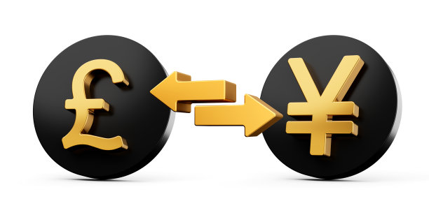 3d黄金英镑和日元符号圆形黑色图标与货币交换箭头，3d插图图片下载