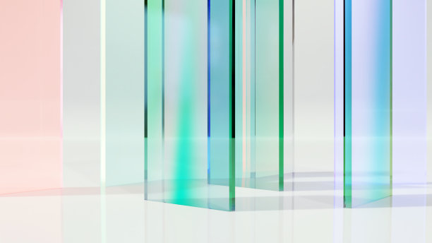 彩色半透明玻璃板，发光光谱，色散玻璃块，明亮全息，抽象透明光泽纺织品，塑料片，3d渲染图片下载