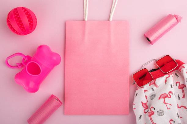 宠物店配件，狗和猫的工具与购物袋在粉红色的背景，复制空间，俯视图，平铺，宠物店送货背景图片下载