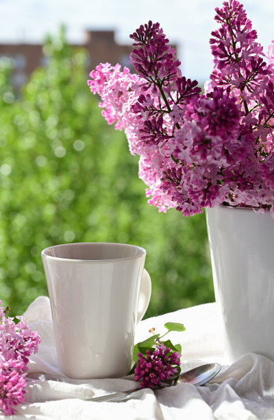 明信片很漂亮。一杯茶，一本旧书和一束紫丁香。美丽的静物。春天的时间。早上好。图片下载