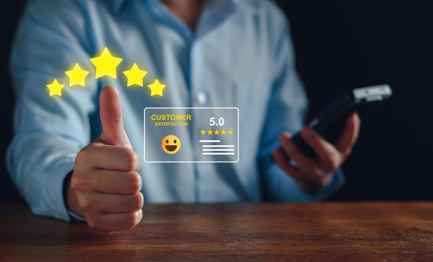 客户服务与满意，商务人士给予反馈满意。五星好评。客户满意度调查，好，五星，最好的产品和服务。卓越的保证。图片下载
