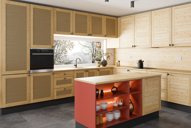 带岛的现代斯堪的纳维亚厨房。天然木质橱柜。图片下载