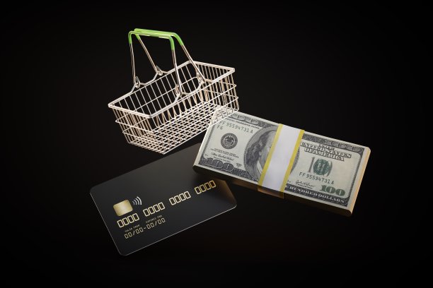 用信用卡或现金付款。购物车，卡和现金在黑色背景。三维渲染图片下载