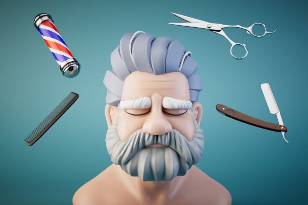 理发店里留着胡子的男人。旁边是一位老人的理发店物品。三维渲染图片下载