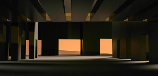 地下房间内部是复杂的混凝土和金属结构，外部灯光闪烁。室内设计。室内背景。三维渲染图片下载