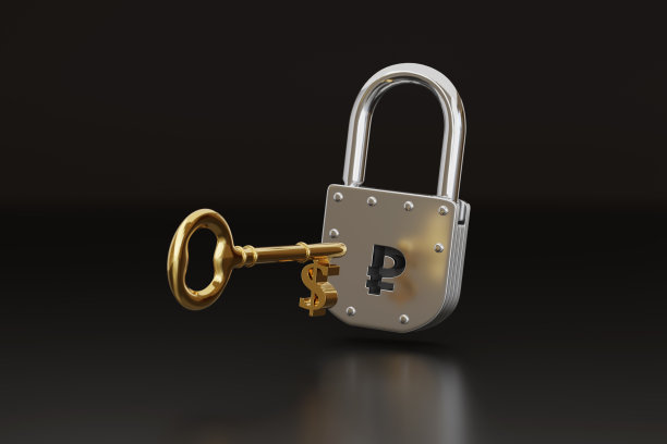 带有美元符号的钥匙试图打开带有卢布符号的挂锁。3 d演示。图片下载