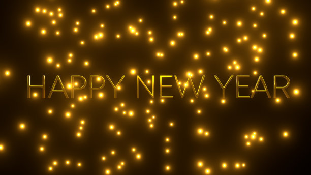 新年快乐，金色的颗粒落在黑色的背景上。图片下载