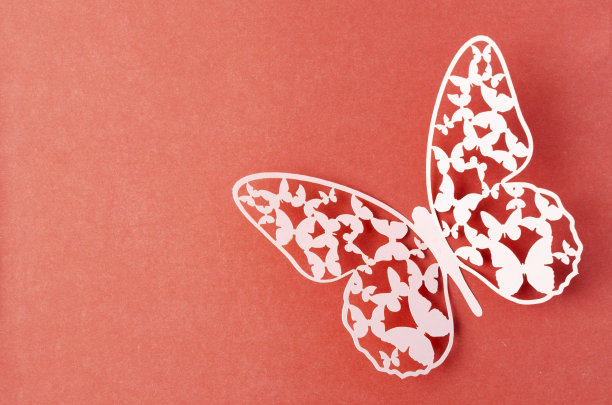 一个纸蝴蝶雕刻在红色的背景与空白。图片下载