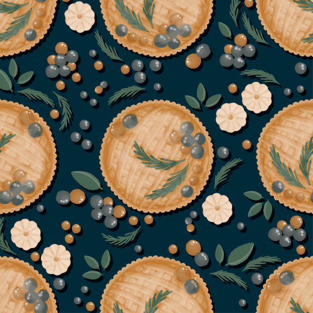 无缝模式与派。装饰与无尽的浆果派设计。适用于厨房纺织品，厨房毛巾和桌布。深蓝色背景。烹饪的话题图片下载