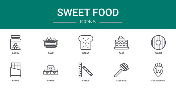 10个大纲网络甜食图标，如糖果，蛋糕，面包，蛋糕，甜甜圈，chote, chote矢量图标报告，演示，图表，网页设计，移动应用程序图片下载